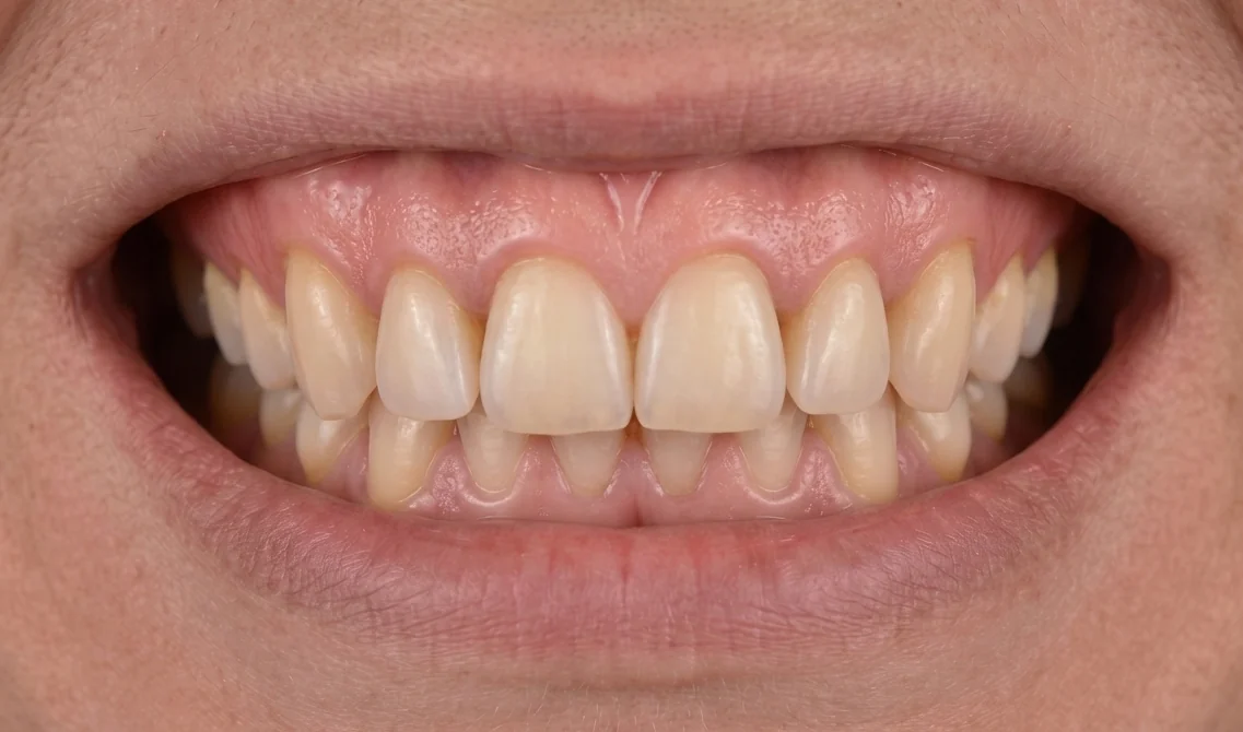 Illustration of the same teeth with a restored gum line: fuller pink tissue covers the exposed roots and the triangular gaps between the teeth are closed.