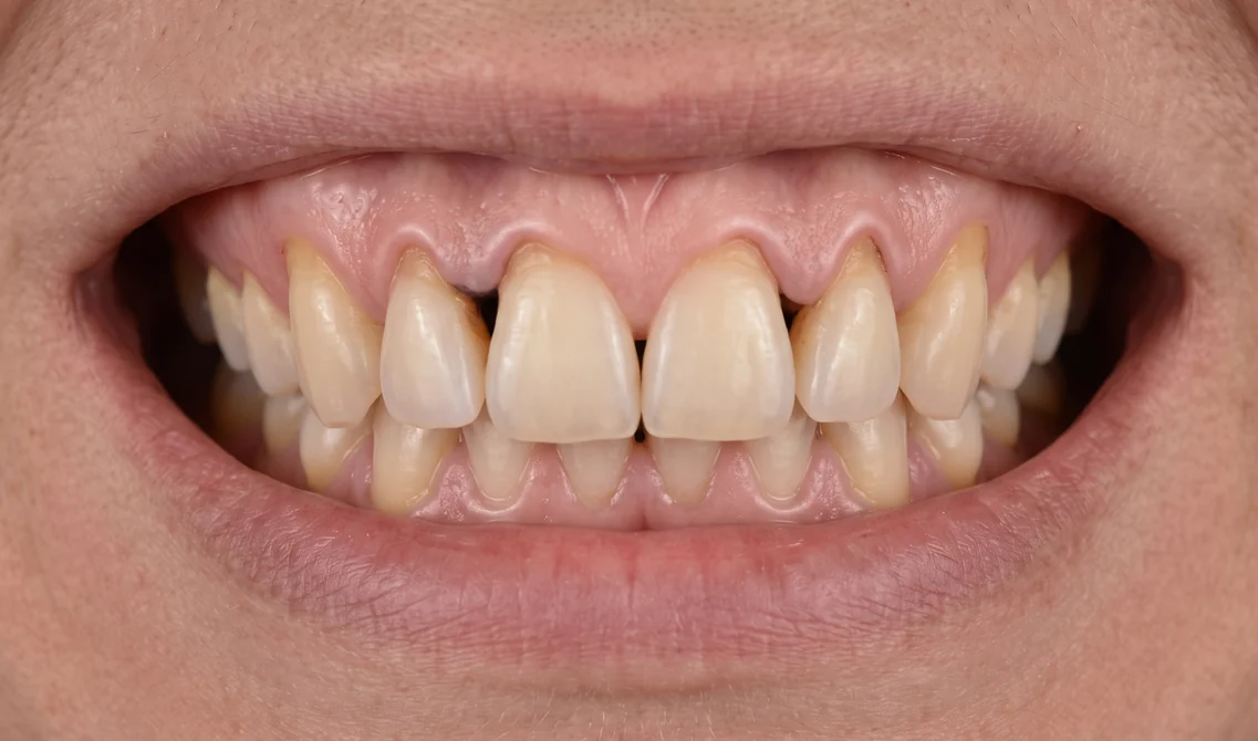 Illustration of upper front teeth with gum recession: the gum margin has pulled back to expose darker root surfaces and dark triangular gaps have opened between the teeth.